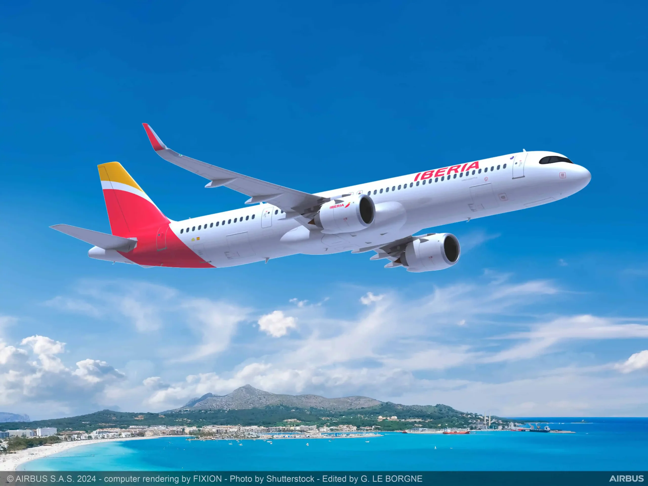 Un render del futuro A321XLR de Iberia con un fondo típico de la zona del Caribe, ¿será una pista sobre los futuros destinos de la compañía? Foto: Iberia